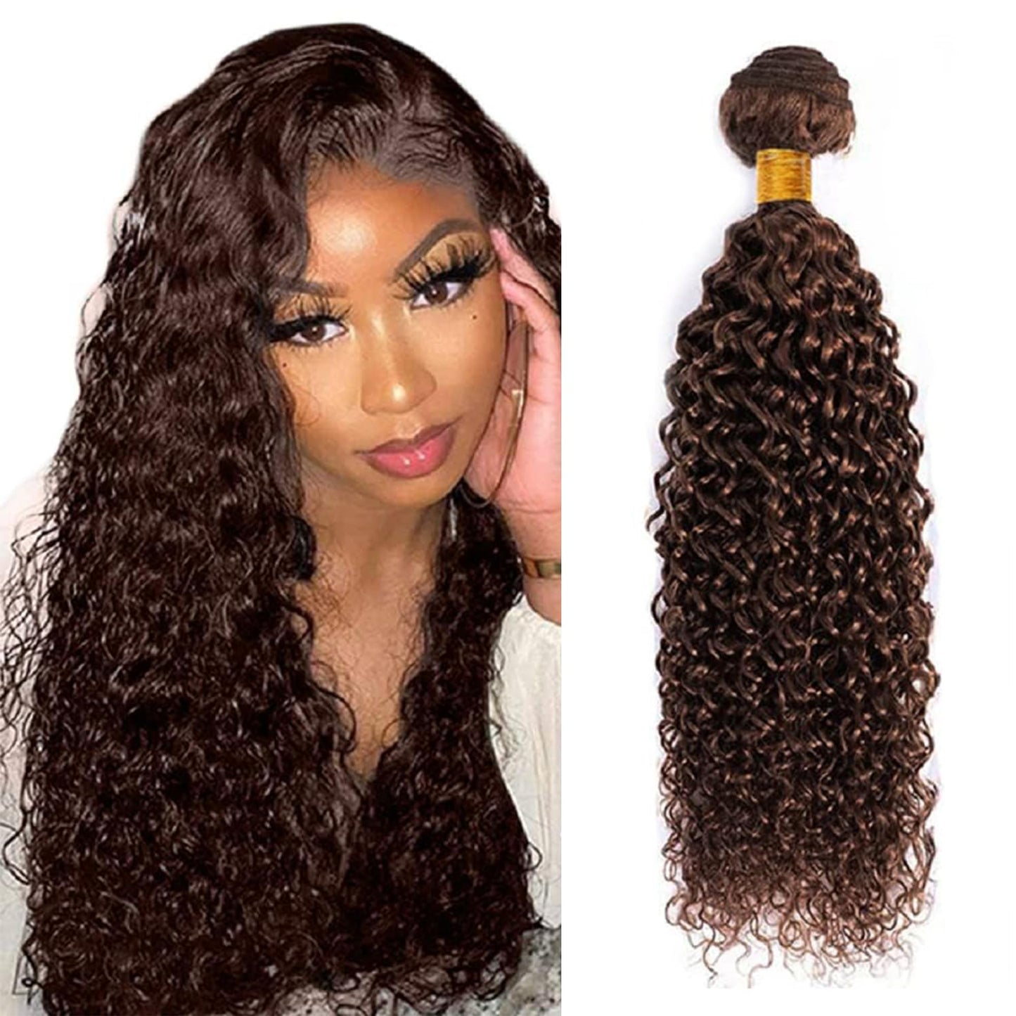 Chocolate Brown Bundles Human Hair Unprocessed Brazilian Virgin Human Hair Bundles 16 18 20 Inches #4 Brown Curly Wave Bundles Double Weft Weave Hair Extension for Women 50g/PC 150g Total