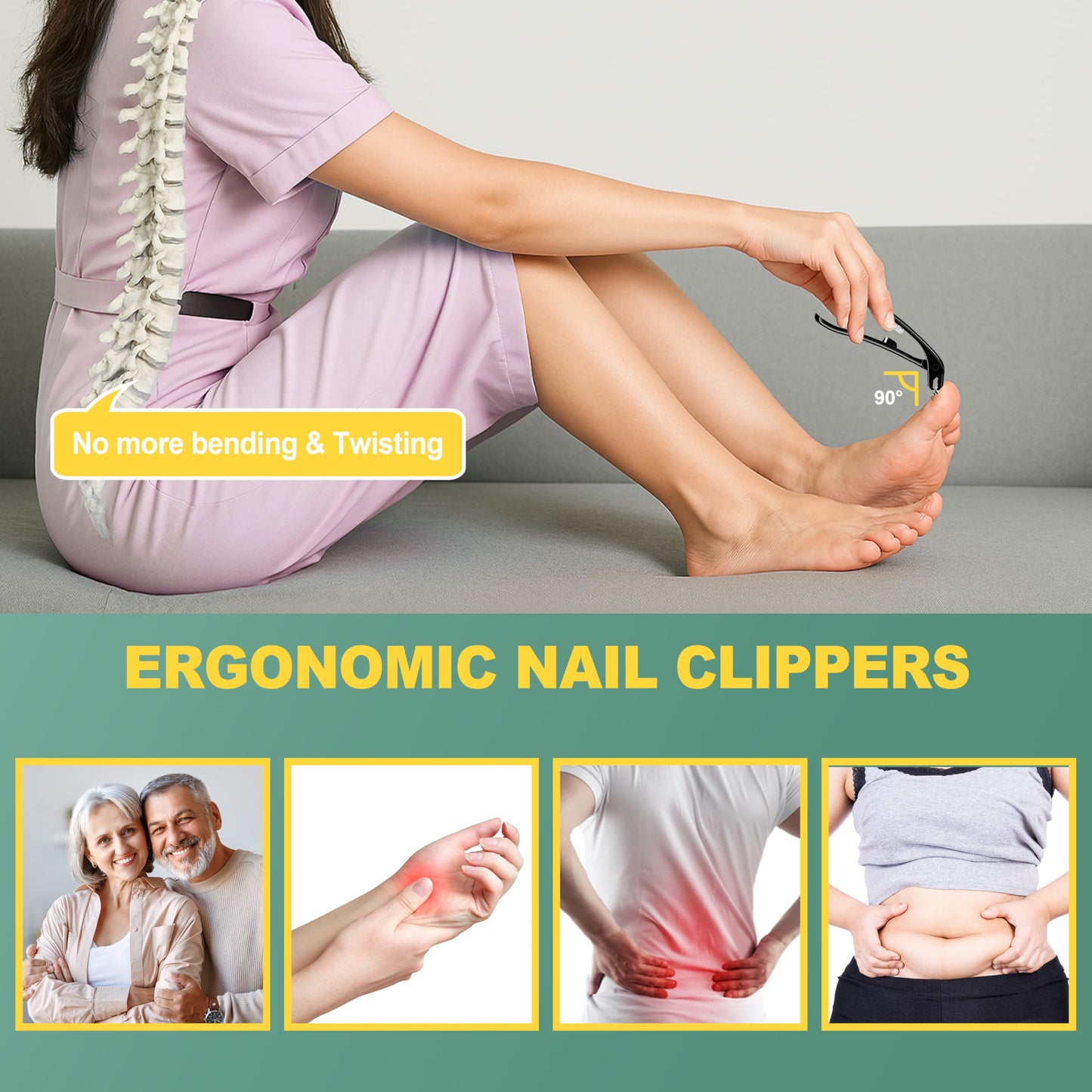 Nail Clippers for Seniors, CLPPNA Wide Jaw Fingernail Clippers and Angled Head Toenail Clippers for Thick Nail, 4 Pack Professional Nail Clippers for Men, Women&Pregnant, Black