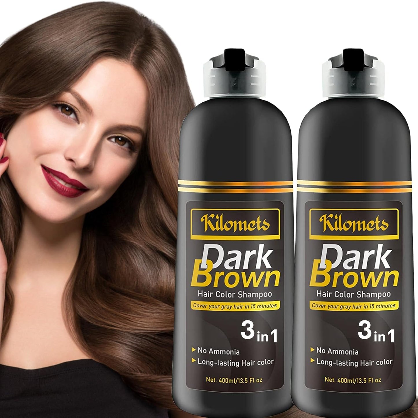 Dark Brown Hair Dye Shampoo - Ammonia-Free Formula for 100% Grey Coverage | 400ml Pack of 2