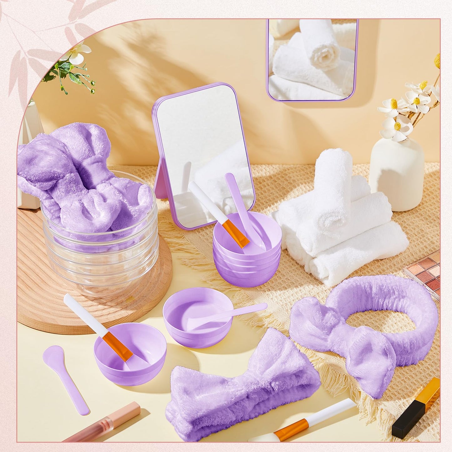 Teenyyou 6 Set Purple Spa Supplies for Girls Women Include Facial Mask Bowl with Headband Stick Spatula Silicone Brush Mirror Face Towel DIY Sleepover Slumber Spa Wedding Birthday Party Favor
