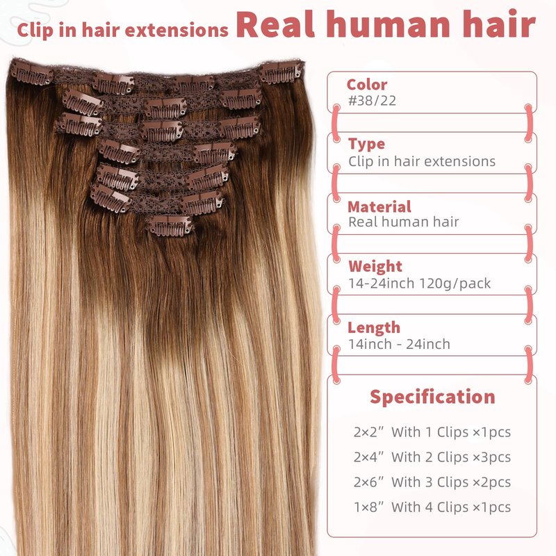DIYOMO human hair clip in extensions Soft&Natural clip in hair extensions real human hair 120g 7pcs Straight&Invisible (14Inch #3822)