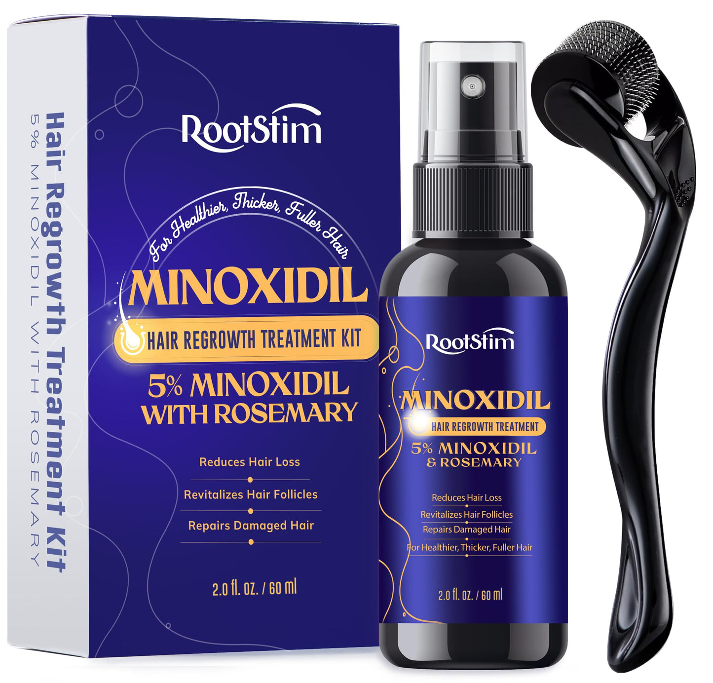 5% Minoxidil Spray + 0.25mm Derma Roller Hair Growth Kit for Men and Women, Hair Regrowth Treatment for Thinning Hairline, Crown & Beard, Rosemary Biotin Formula, 60 mL