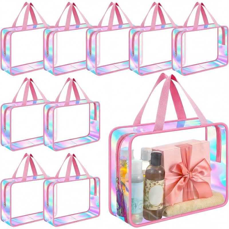 Sweetude 10 Pcs Large Clear Toiletry Bag with Handle Large Capacity Travel Iridescent Beach Makeup Bag PVC Clear Plastic Tote Punch Cosmetic Clothes Storage Organizer for Women Men (Pink)