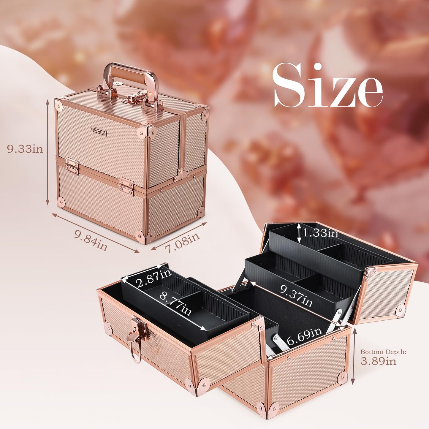 FRENESSA Makeup Train Case Makeup Case Travel Cosmetic Box Organizer Portable Make Up Box with Dividers Lockable for Artist Nail Sewing Vanity Storage Makeup Travel Case Rose Gold