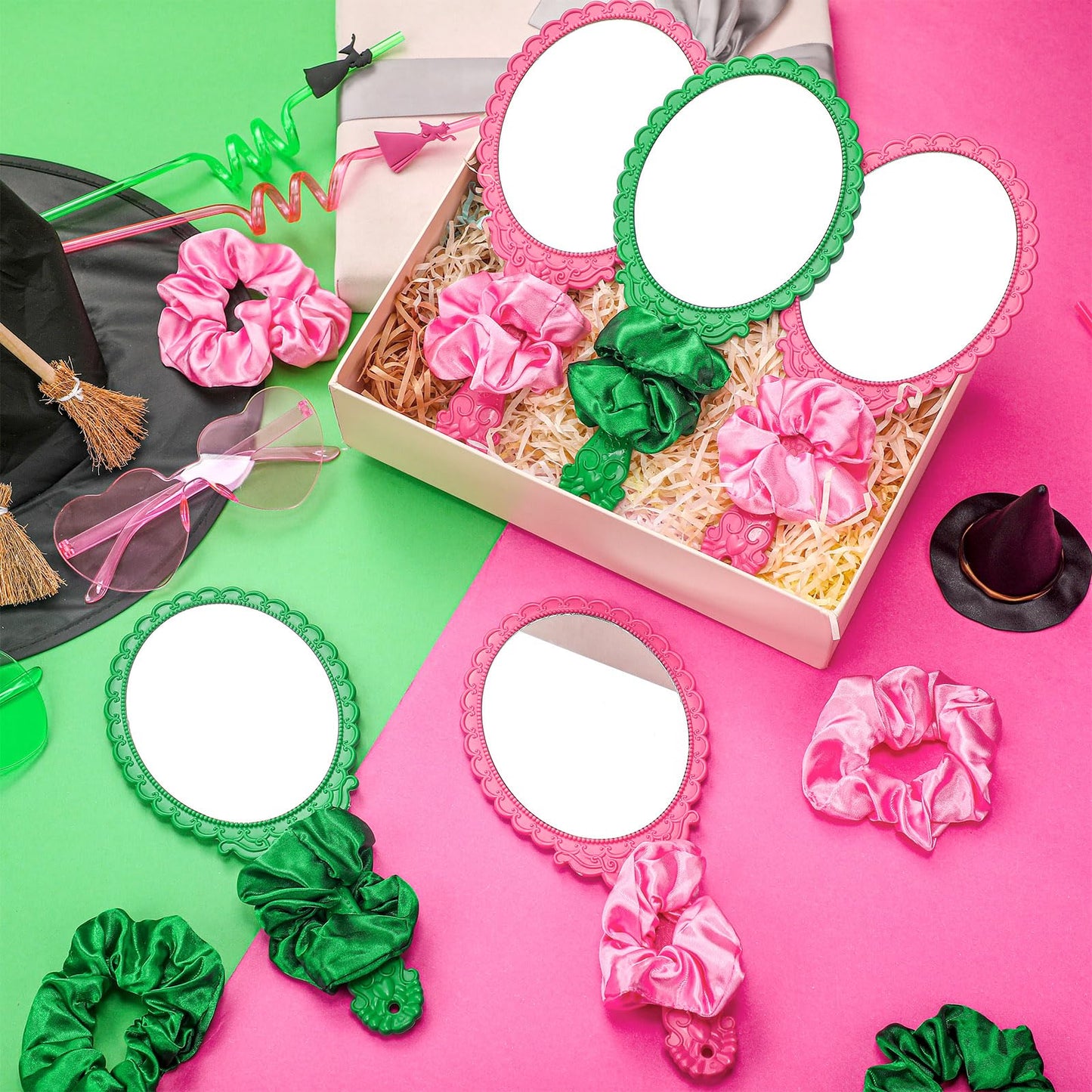 Qunclay 24 Pcs Pink and Green Witch Party Favors Pink & Green Handheld Mirrors with Hair Scrunchie Witch Merch Accessories Theme Birthday Party Decorations Gifts for Women BFF Movie Night Couples