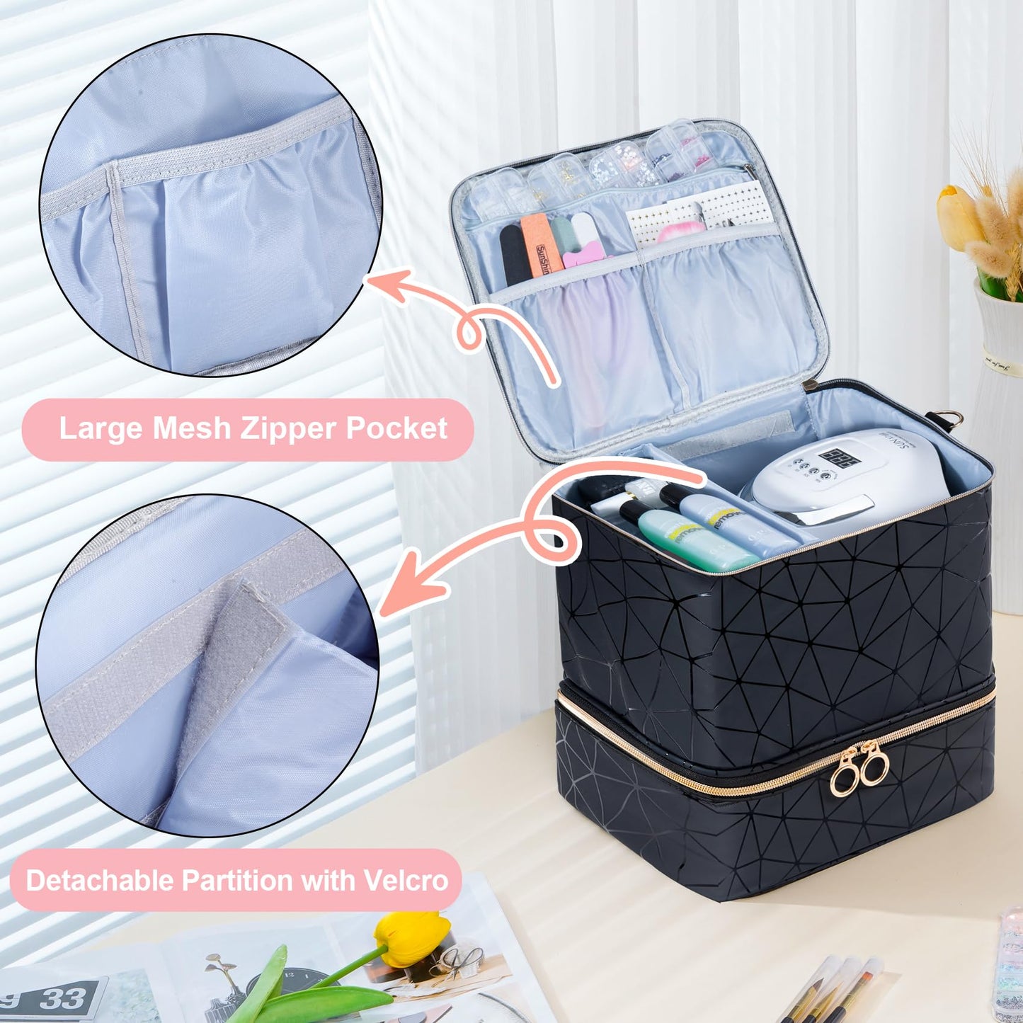 Uross Nail Polish Organizer Bag Holds 30 Bottles Nail Polish & Nail Kit -Nail Polish Storage Organizer Bag Nail Supplies Organizer Case for nail tech - Lightpink