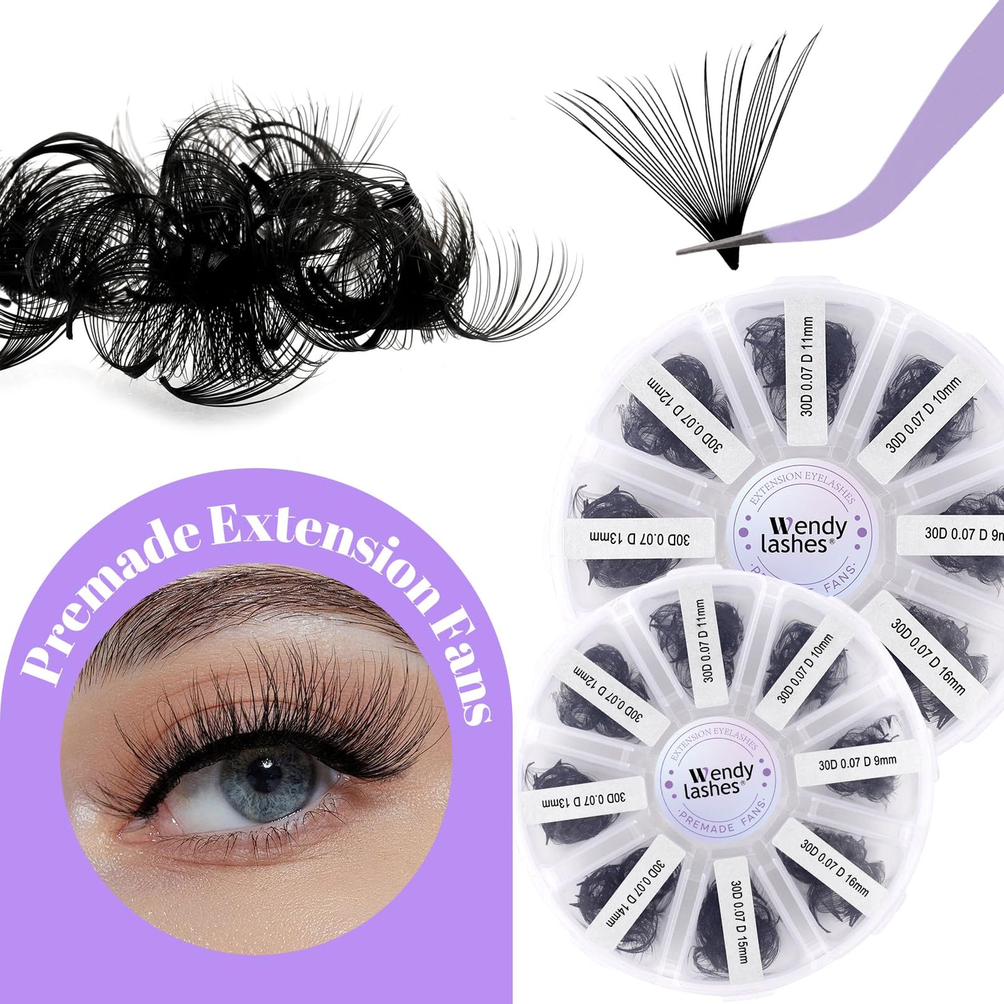 Wendy Lashes Premade Fans, 500PCS Professional Volume Eyelash Extensions,9-16mm Mixed Lengths, D Curl, Black Matte, Thin Base, Easy to Apply, Natural Soft Look