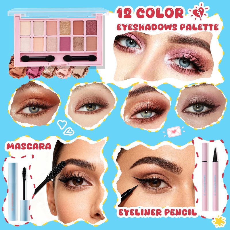 Color Nymph All in One Makeup Kit For Teens Girls Beginner with Makeup Bag, Girl Makeup Set for Teen Girls Includes Eyeshadow, Face Blush Contour Highlighter Lipgloss Mascara Mirror, Travel MakeUp Kit