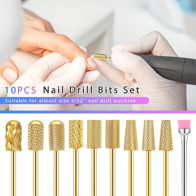 Honoson 10 Pcs Nail Drill Bits Set, 3/32 Inch Cuticle Tungsten Carbide Bit for Nail Drill Nails, File Remove Acrylic Gel Polish Manicure Pedicure Tool for Salon Home Supplies(Gold)