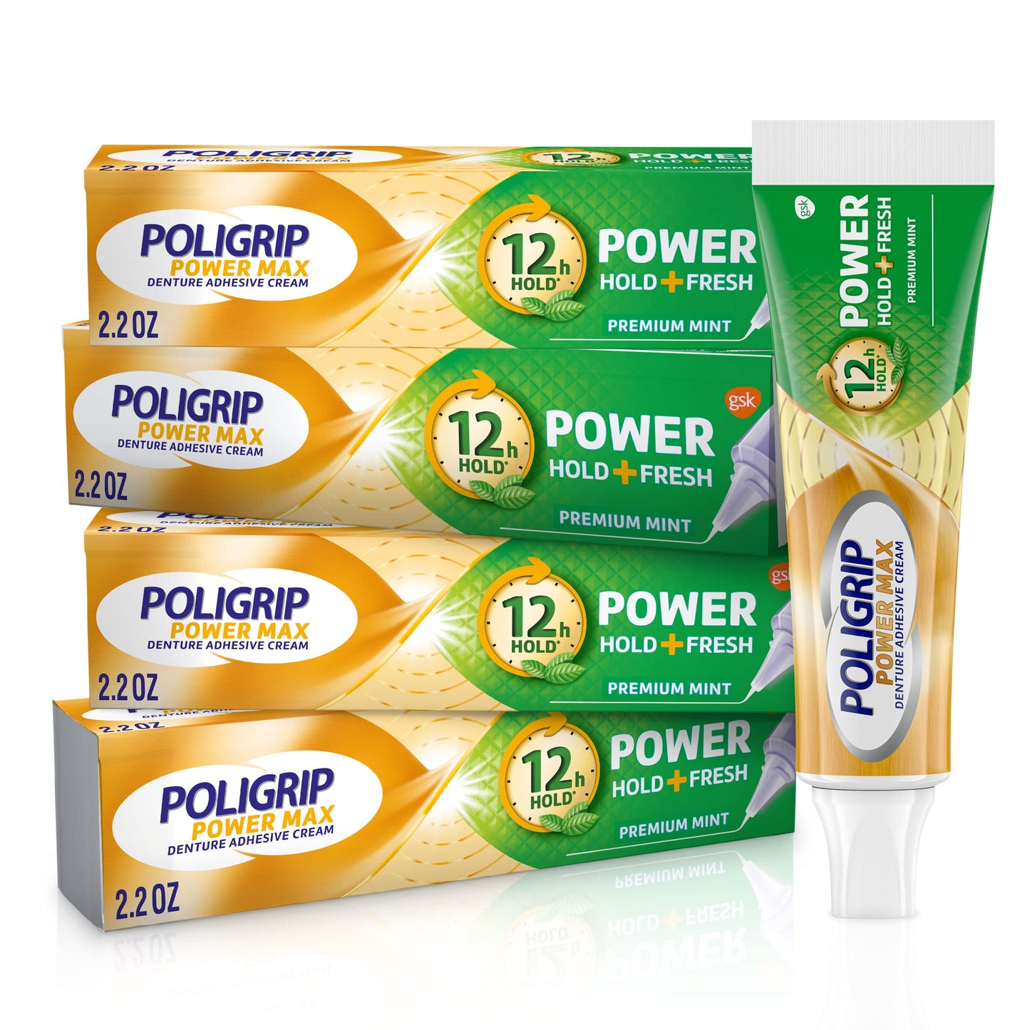 Poligrip Power Max Power Hold + Fresh Denture Cream, Premium Peppermint - 2.2 oz x 4