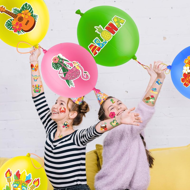 72 PCS Tropical Luau Party Favors – 48 Pre-Cut Temporary Tattoos & 24 Punch Balloons Themed Birthday Party Decorations Supplies Favors Gifts, Goodie Bag Fillers, Classroom Rewards