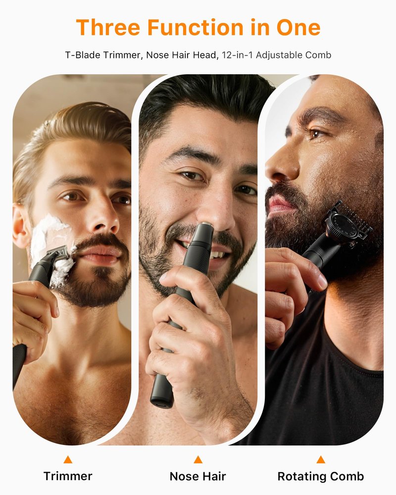 [2026 Upgraded] Beard & Nose Hair Trimmer Kit, [All-in-One] 12 in 1 Rotating Comb, Travel Body Hair Electric Shaver for Men, USB-C Fast Charging, Painless Razor Waterproof Wet/Dry, Black(Pack)