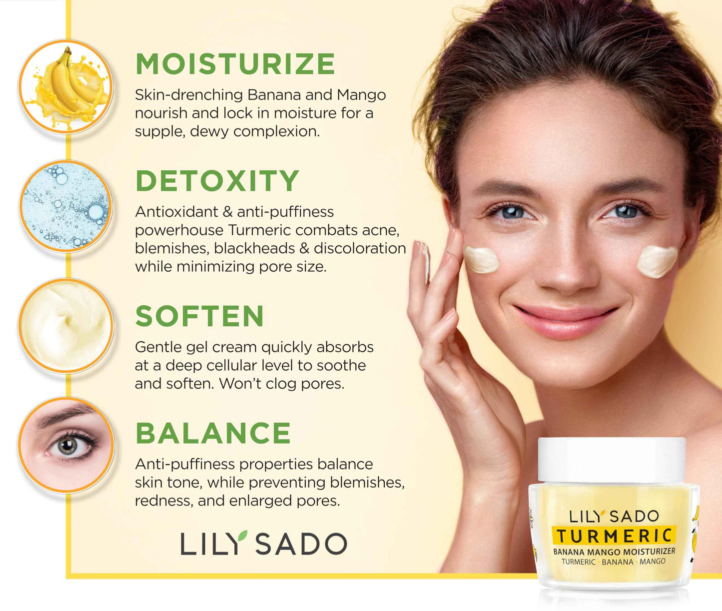 LILY SADO Turmeric Banana Mango Face Moisturizer - Luscious Creamy Nutrient-Rich Natural Daily Facial Cream w Chamomile & Rosemary - Vegan Anti-Aging Lotion For Wrinkles & Fine Lines