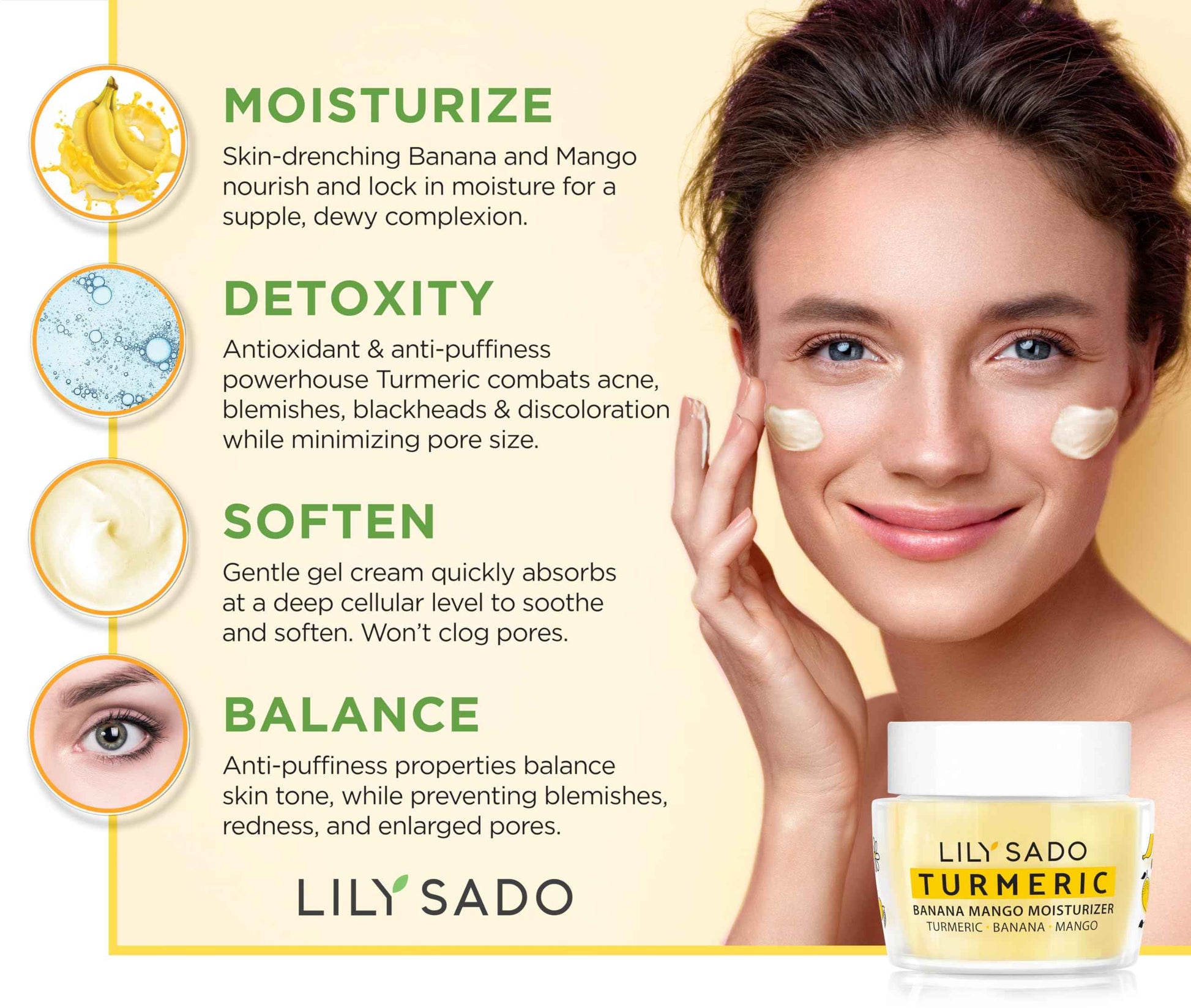 LILY SADO Turmeric Banana Mango Face Moisturizer - Luscious Creamy Nutrient-Rich Natural Daily Facial Cream w Chamomile & Rosemary - Vegan Anti-Aging Lotion For Wrinkles & Fine Lines