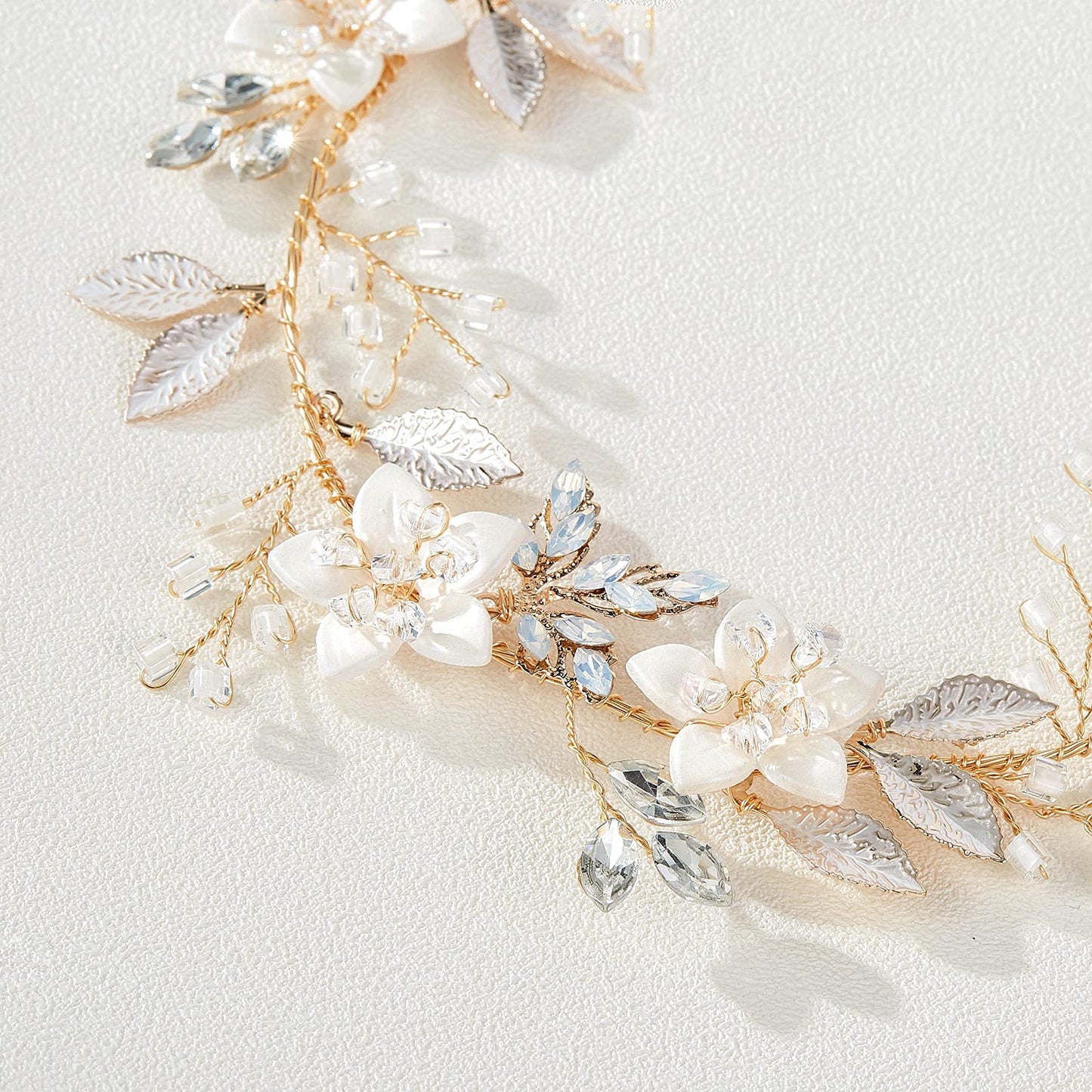 SWEETV Handmade Bridal Headband Flower Wedding Hair Accessories for Brides Hair Pieces Gold Flower Girl Headpieces