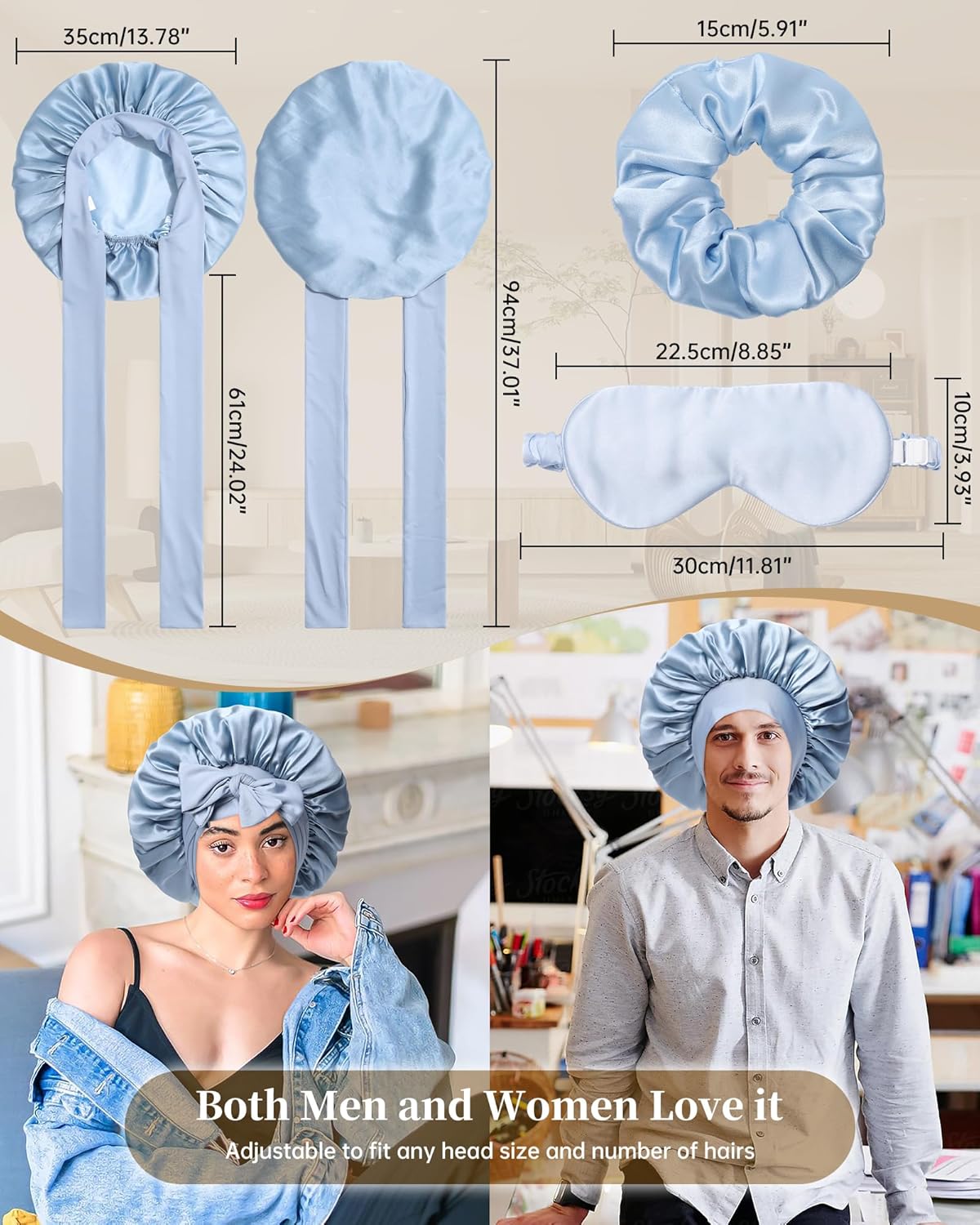 Silk Hair Bonnet for Sleeping - 100% Mulberry Silk with Elastic Tie Band & Scrunchies | Mist Blue & Sky Blue