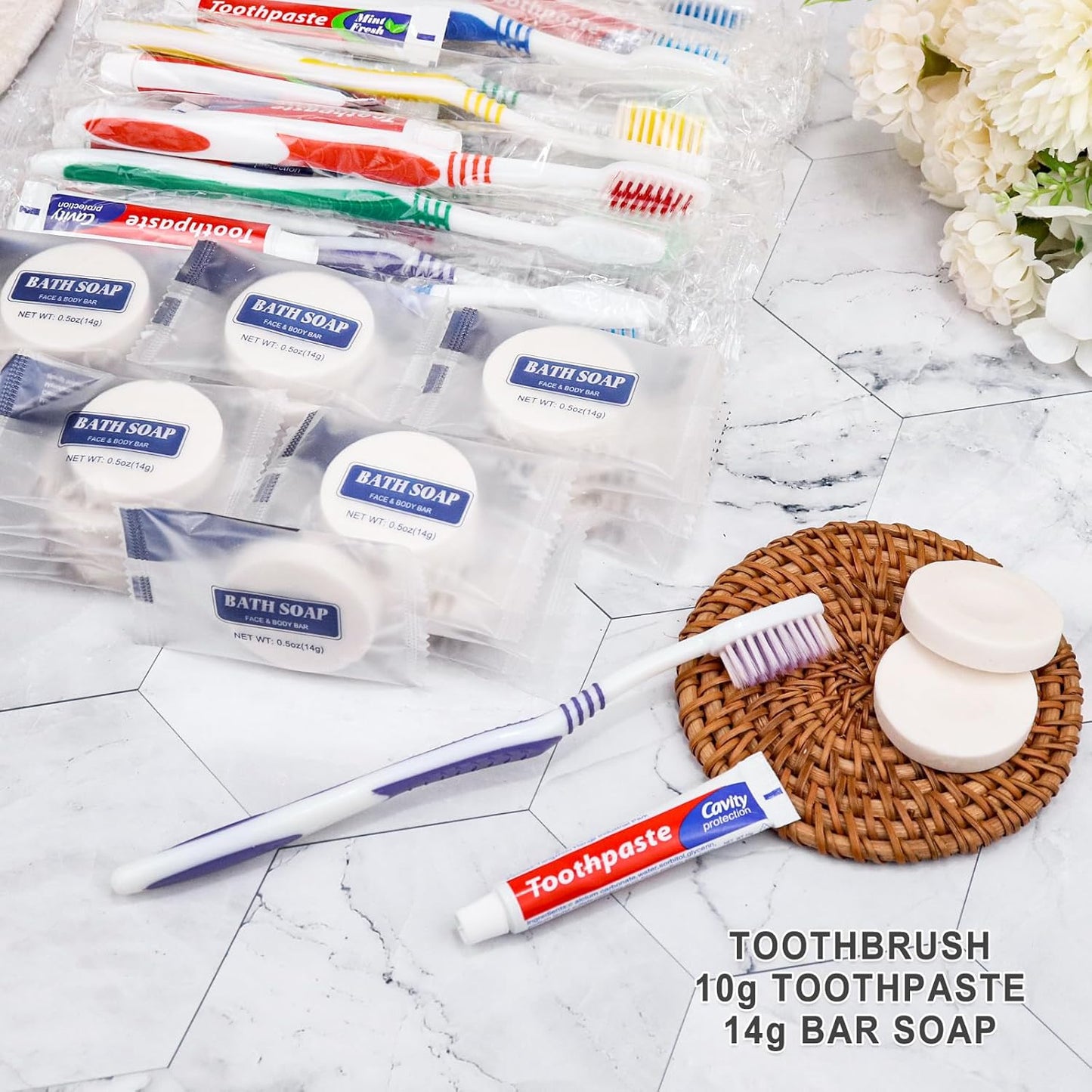 Disposable Toothbrush Set - 50 Individually Wrapped Toothbrushes with Toothpaste & Soap | 5 Colors, 0.5 oz Bars