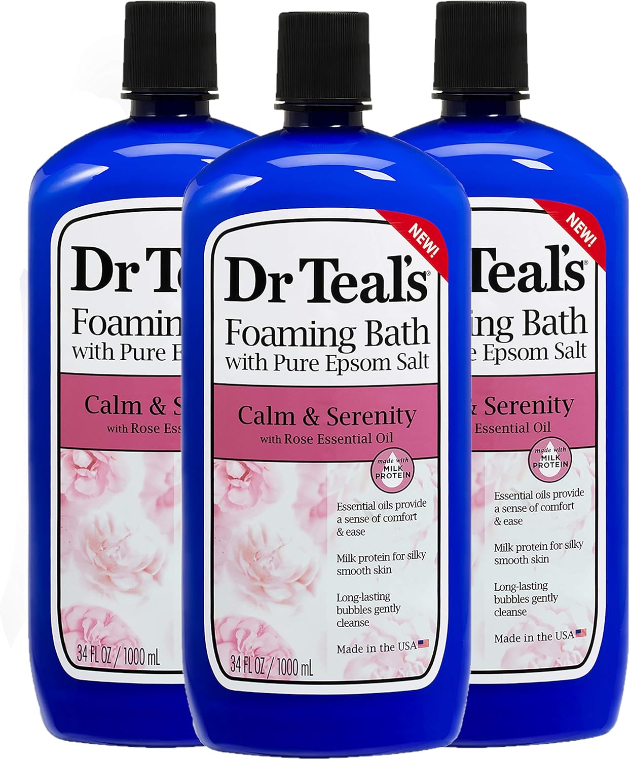 Dr. Teal's Epsom Salt Foaming Bath Gift Set - Stress Relief & Silky Skin | 3 Pack, 34 oz Each - Rose Essential Oils & Milk Protein