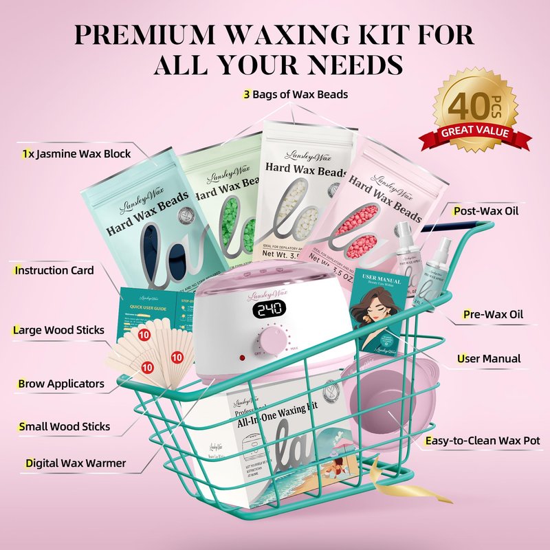 LANSLEYWAX Digital Waxing Kit for Women Men - Pink Wax Machine with 39 Accessories - Hard Wax Kit for Face Eyebrow Lip Brazilian Bikini Sensitive Skin, Waxing Warmer Hair Removal for Home/Salon Use