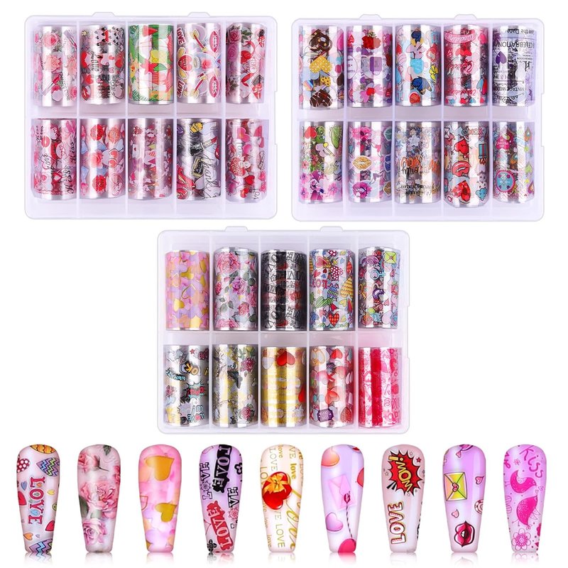 Colorful Nail Foil Decals - 30 Rolls of Valentine's Day Transfer Stickers | Heart, Flower & Lips Designs for DIY Nail Art