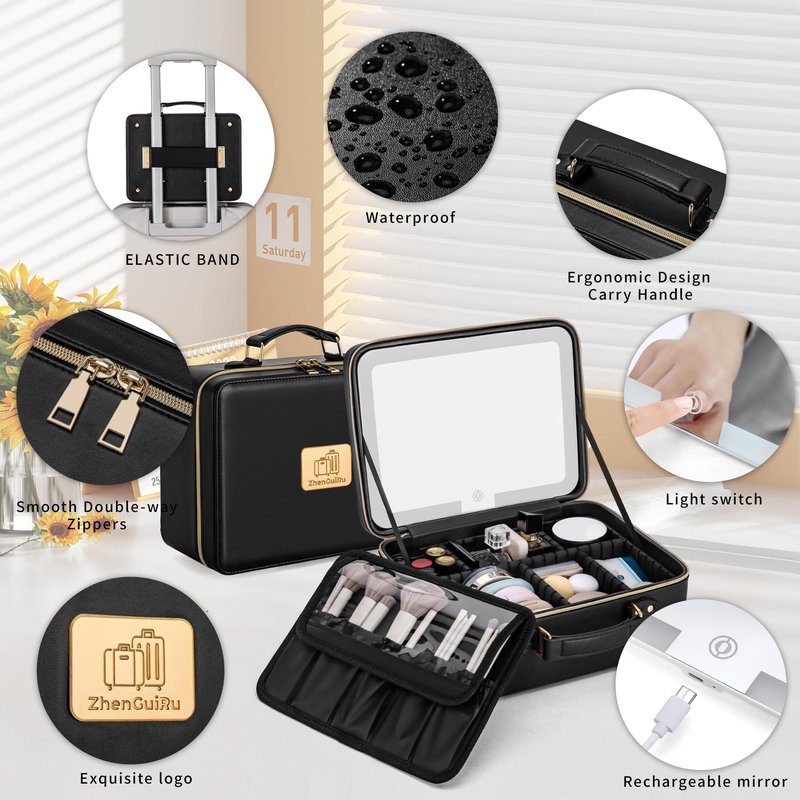 Gdsshuhung Upgraded Makeup Bag with LED Mirror, Travel Makeup Bag with Compartments, Waterproof Cosmetic Travel Bag, Portable Makeup Case Organizer with Lighted Mirror & Brush Storage (Black)