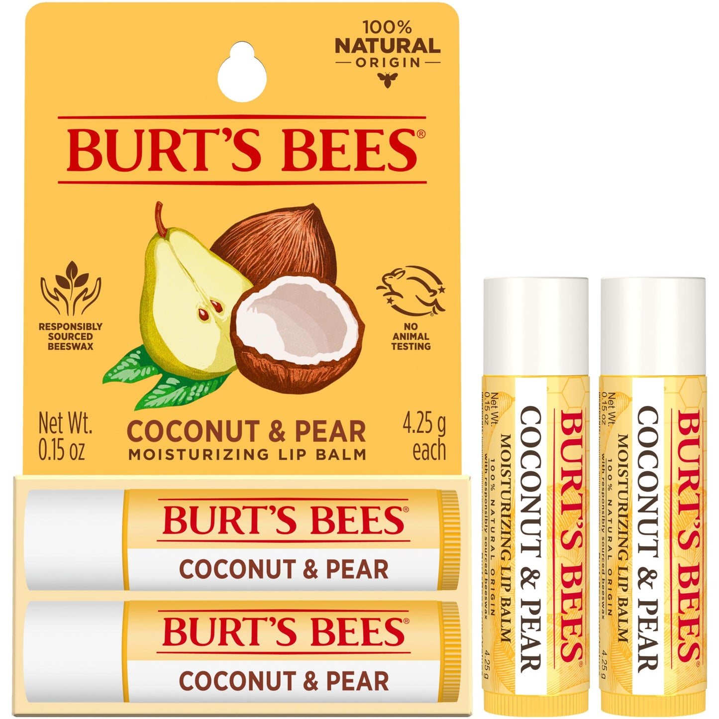 Burt's Bees Mothers Day Gifts, Lip Balm - Coconut and Pear, Lip Moisturizer With Responsibly Sourced Beeswax, Tint-Free, Natural Origin Conditioning Treatment, 2 Tubes, 0.15 oz.