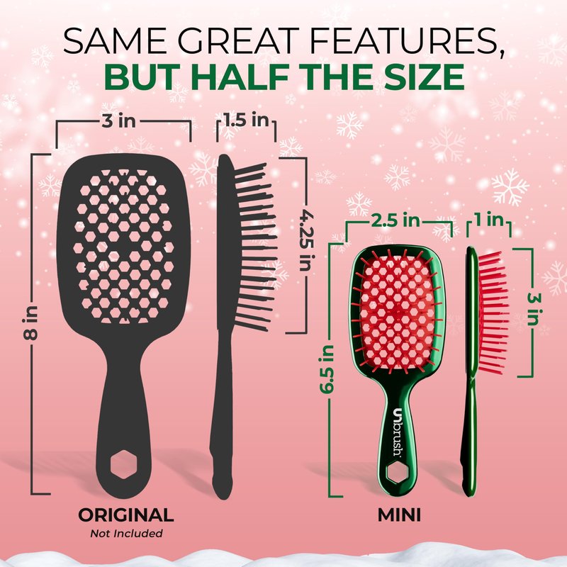 UNbrush Mini Holiday Hair Brush for Pain-Free Brushing On All Wet/Dry Hair Types — Mini UNbrush Detangling Brush with Durable Anti-Static Bristles, Lightweight & Vented — Christmas Hair Care Gifts