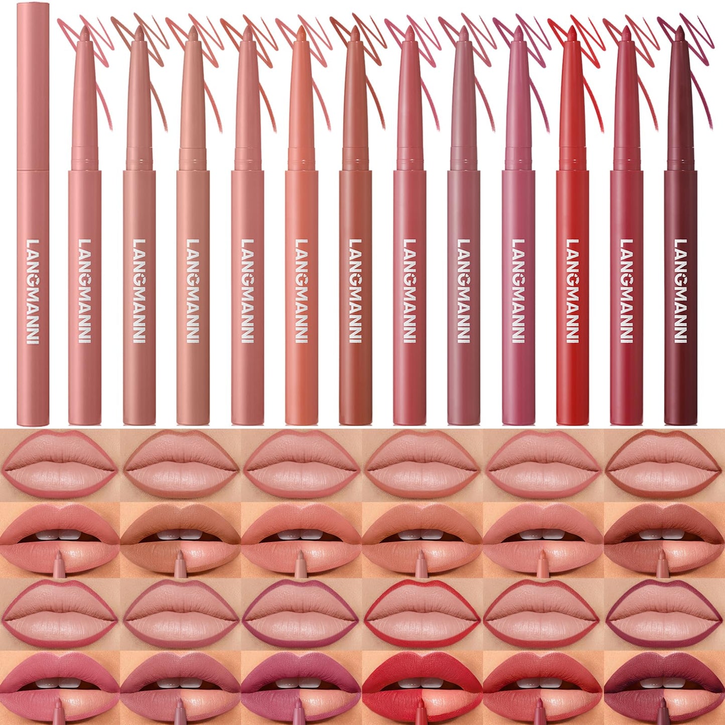 LANGMANNI 12 Colors Sculpting Matte Velvet Lip Liner Set,Smooth Creamy Texture,Waterproof And High Pigmented For Women Daily Application Lip Makeup