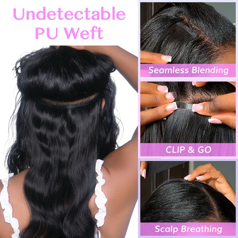 IDN BEAUTY Seamless Clip in Hair Extensions Real Human Hair for Women,Body Wave Natural Black Remy Hair 14 Inch 7pcs 110g,Thick Invisible Edge Weft for Daily Wear