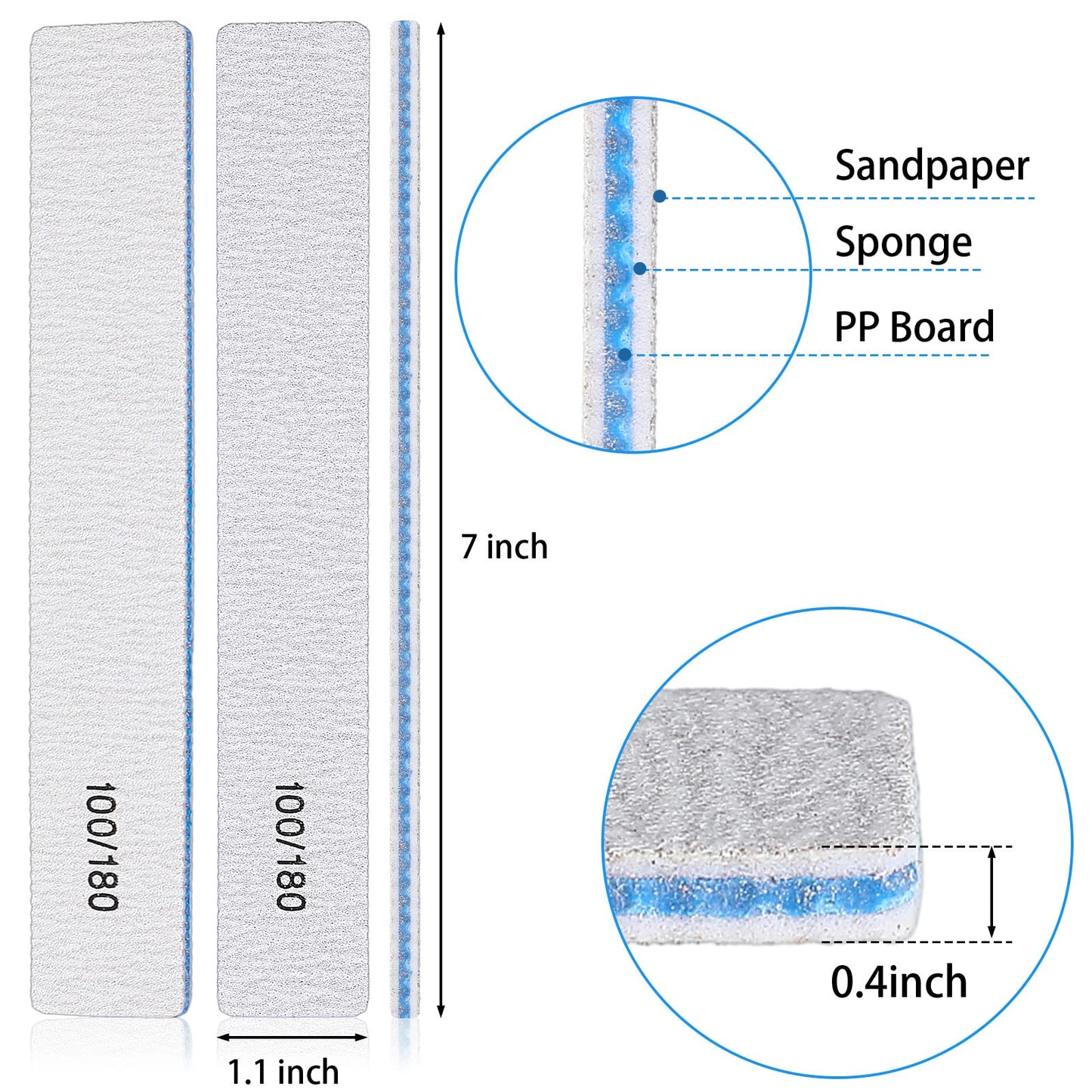Lanties 200 Pcs 100/180 Grit Nail Files, Reusable Nail File Double Sided Emery Boards for Acrylic and Gel Nails, Professional Fingernail File Manicure Tools for Filer Salon Pedicure Beauty(Rectangle)