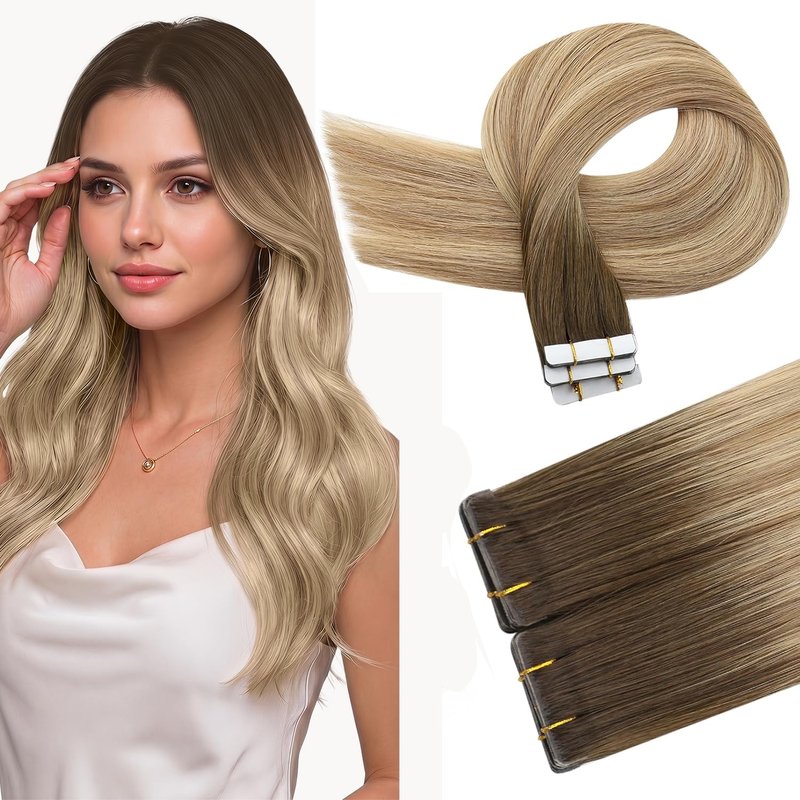 Invisible Tape-In Hair Extensions | 16 Inch Human Hair Balayage - Soft Brown to Beige Blonde - 10 Pcs, 20g