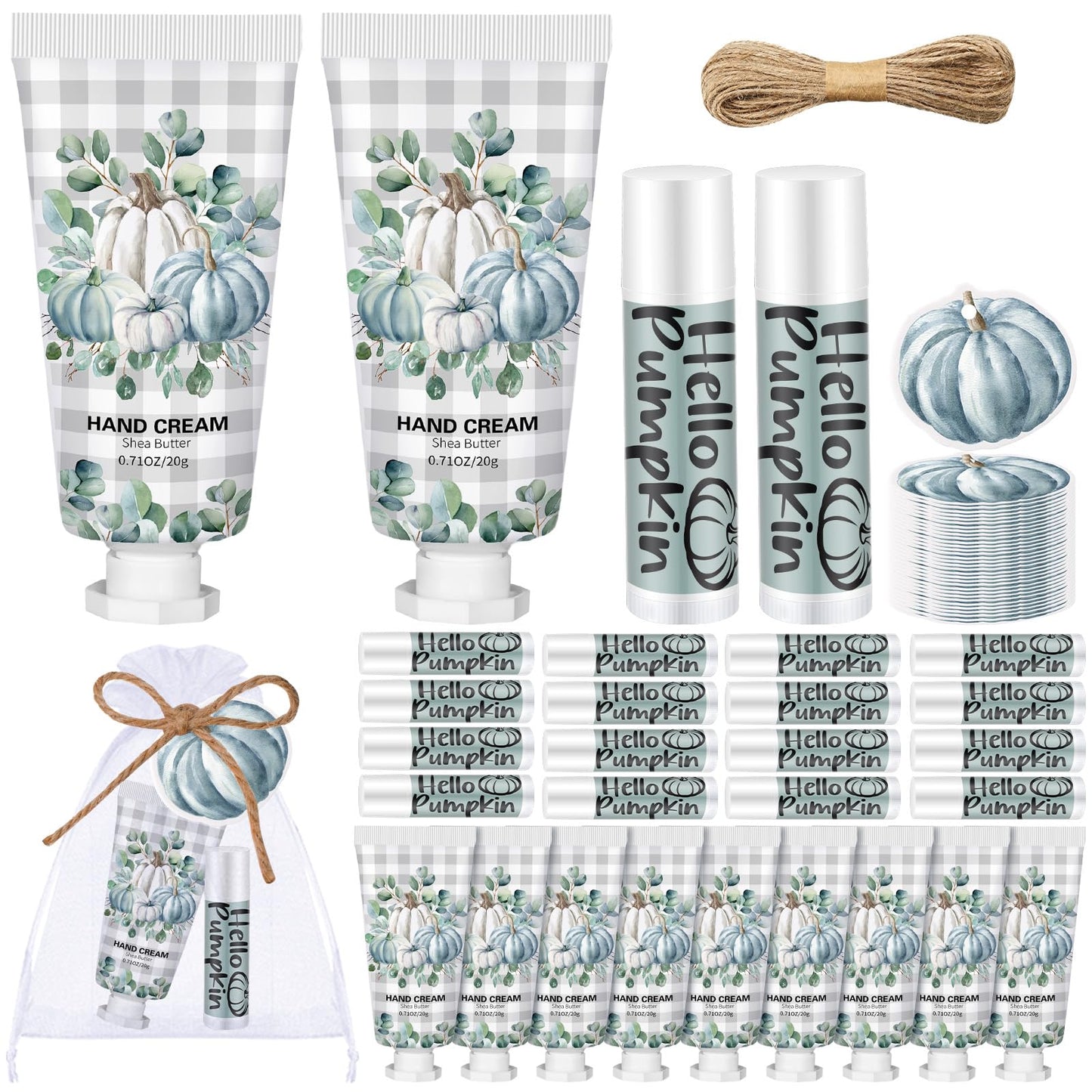 Heigble 144 Pcs Lip Balm Hand Cream Set Party Favors, Include 36 Lip Balm 36 Moisturizing Hand Cream 36 Bags 36 Cards and Ropes for Accessories Gifts(Black and Blue,Pumpkin)