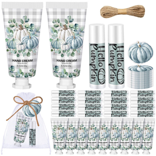 Heigble 144 Pcs Lip Balm Hand Cream Set Party Favors, Include 36 Lip Balm 36 Moisturizing Hand Cream 36 Bags 36 Cards and Ropes for Accessories Gifts(Black and Blue,Pumpkin)