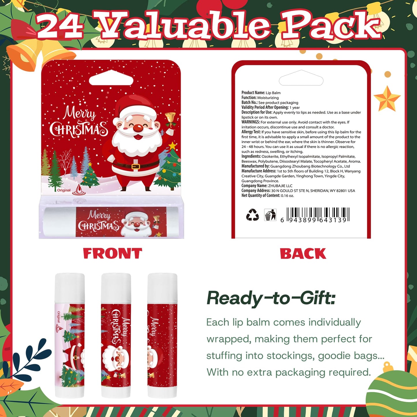 Kuabiz 24 Pcs Christmas Lip Balm Gifts Bulk Cute Stocking Goodie Bags Stuffers 6 Flavors Holiday Small Gifts Xmas Party Supplies Moisturizer Butter Care