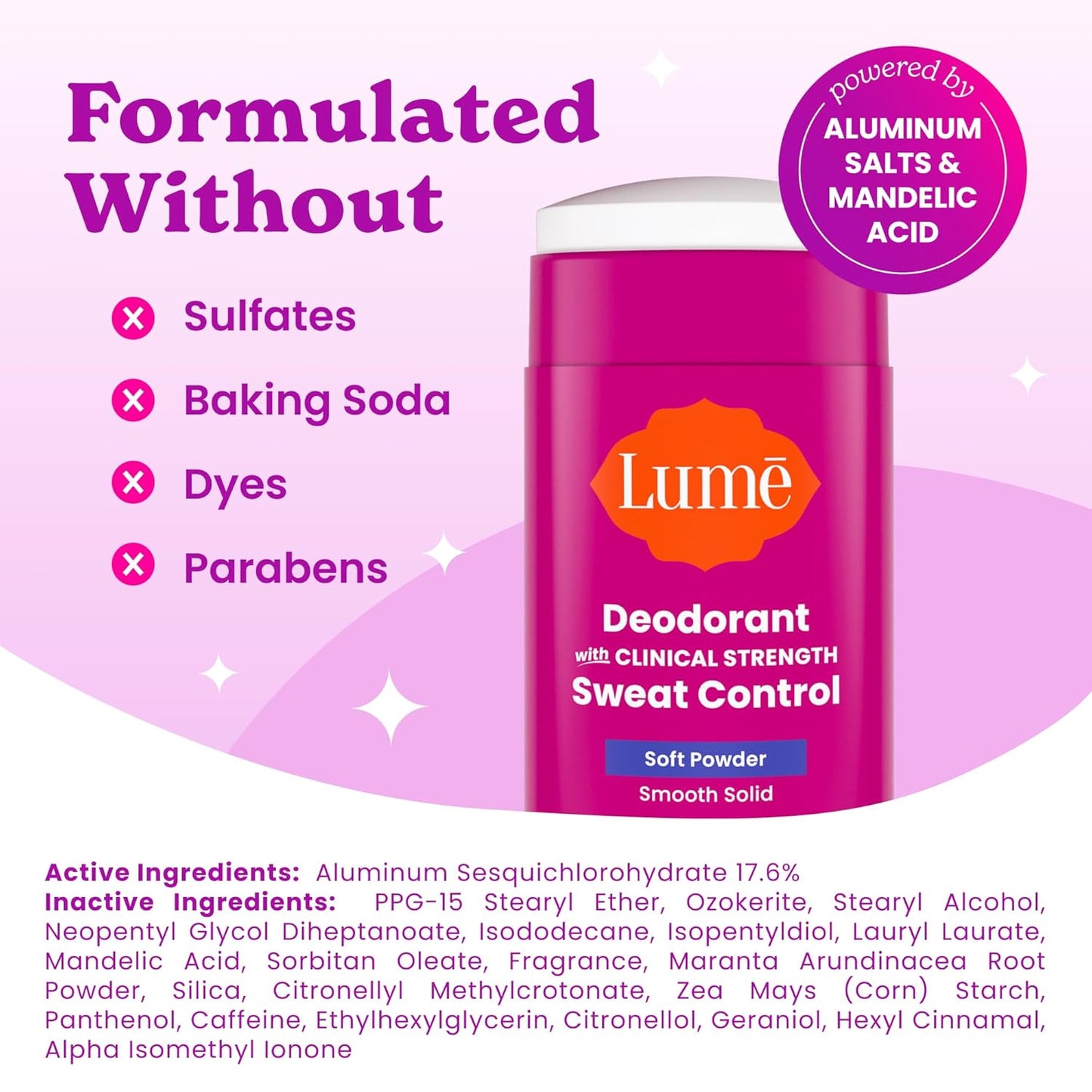 Lume Deodorant Plus - Extra Strength Antiperspirant Stick | 72-Hour Odor Control, Baking Soda Free - 2.6 oz (Pack of 2)