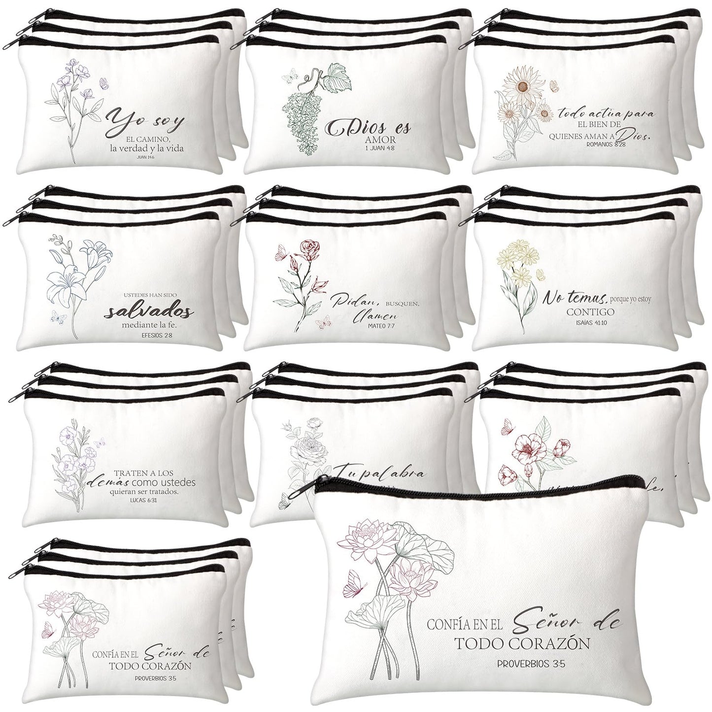 FuWeave 30 Pcs Mothers Day Gifts Spanish Christian Gift Bags for Women Bulk Religious Cosmetic Bag Inspirational Bible Verse Pencil Pouch Christian Makeup Bags with Zipper Church Gift for Travel