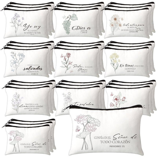 FuWeave 30 Pcs Mothers Day Gifts Spanish Christian Gift Bags for Women Bulk Religious Cosmetic Bag Inspirational Bible Verse Pencil Pouch Christian Makeup Bags with Zipper Church Gift for Travel
