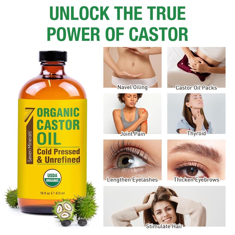 Organic Castor Oil - 16 fl oz Cold Pressed & Unrefined Glass Bottle | 100% Pure & Hexane Free