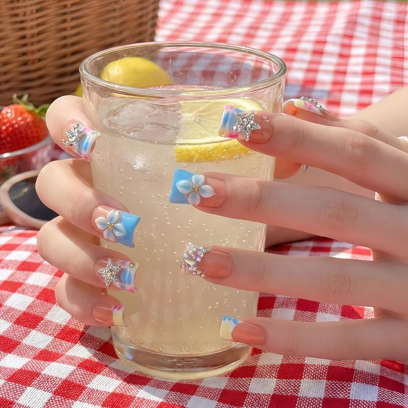 Handmade Duck Press On Nails 10Pcs Colorful French Duck Nail Shape, Nude Pink 3D Flower & Star Press On Nails with Rhinestones, Trendy Handmade Duck Nails for Women Girls