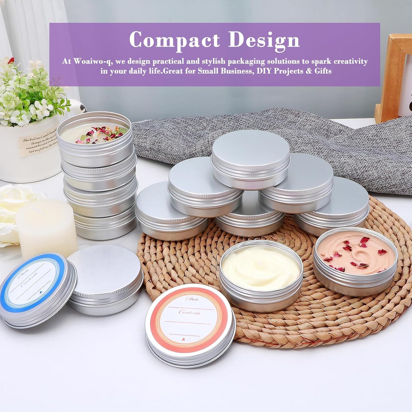 64-Pack 2oz Aluminum Tin Jars - Metal Round Tins with Screw Lid for Lotions, Balms & Spices