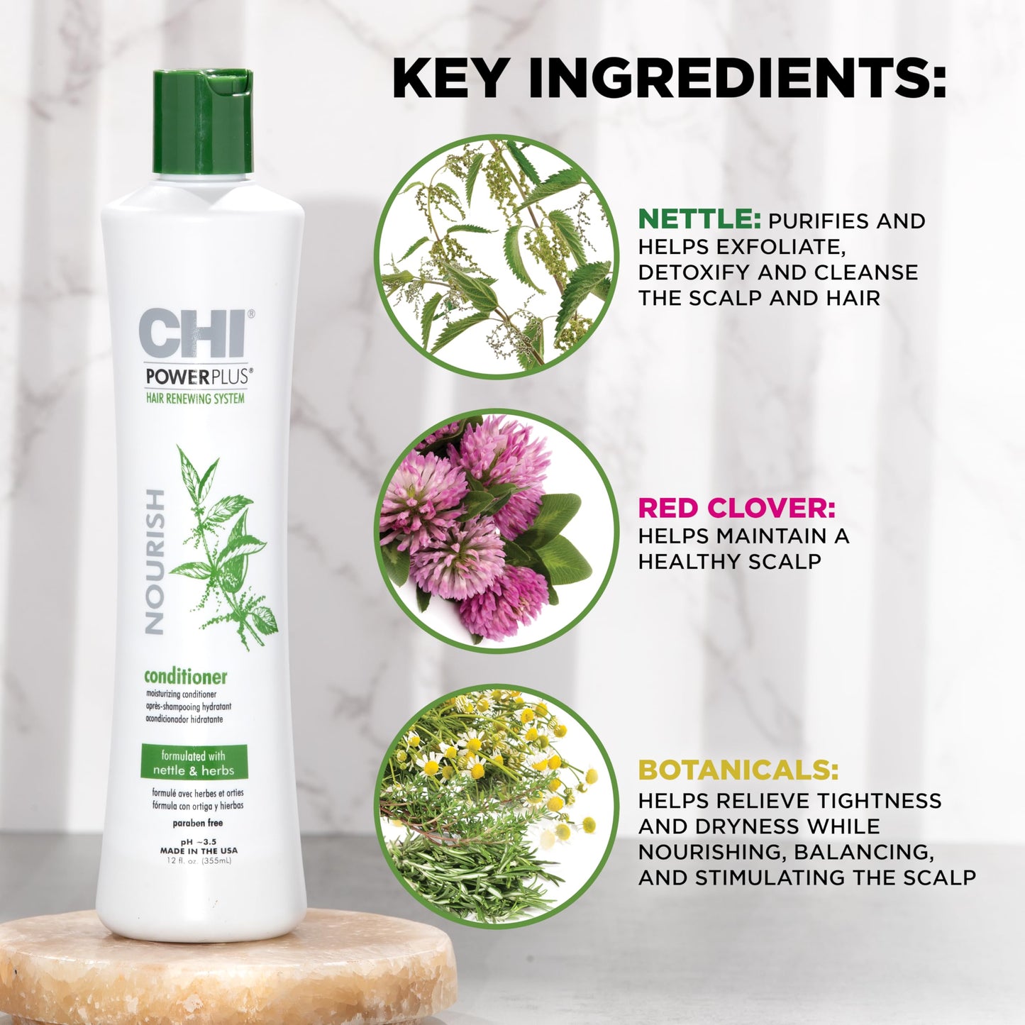 CHI PowerPlus Nourishing Conditioner, Hair Renewal System For A Healthy Scalp, Relieves Tightness & Dryness, Strengthens & Protects Against UV, 12 Oz