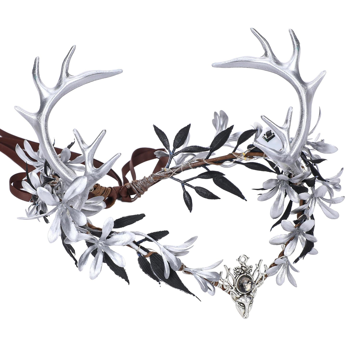 MOSTORY Light up Fairy Crown - Silver Antler Crown Flower Heapiece Elf Floral Circlet Woodland Headband for Women Halloween Outfit Renaissance Ren Faire Cosplay Photo Shoot