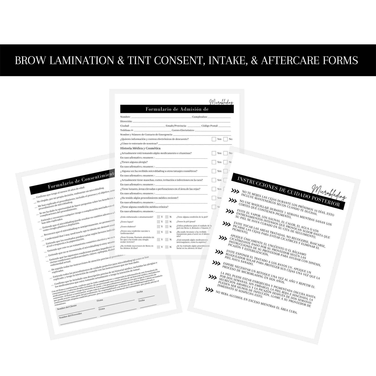 Spanish Microblading Intake, Consent, and Aftercare Form | 75 Pack | 8.5 x 11" A1 Forms | Clients Signature | Consent Forms for Microblading | Clients Signature | Minimalist Design