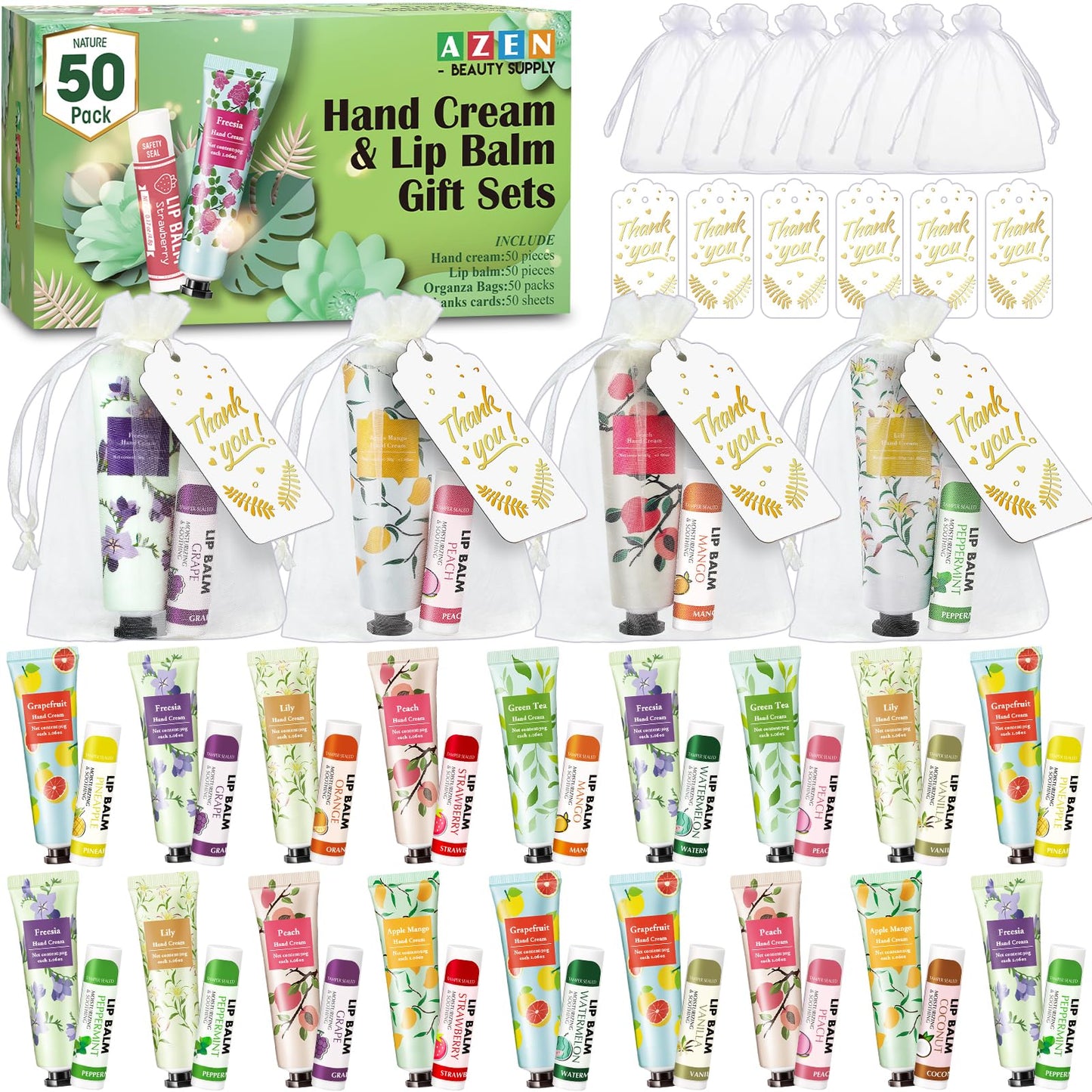 AZEN 50 Sets Bulk Gifts, Hand Cream and Lip Balm Bulk Set with Organza Bag Thank You Card, Baby Shower Wedding Gift for Guests, Bridal Wedding Favors for Guests, Mothers Day Gifts Stocking Stuffers