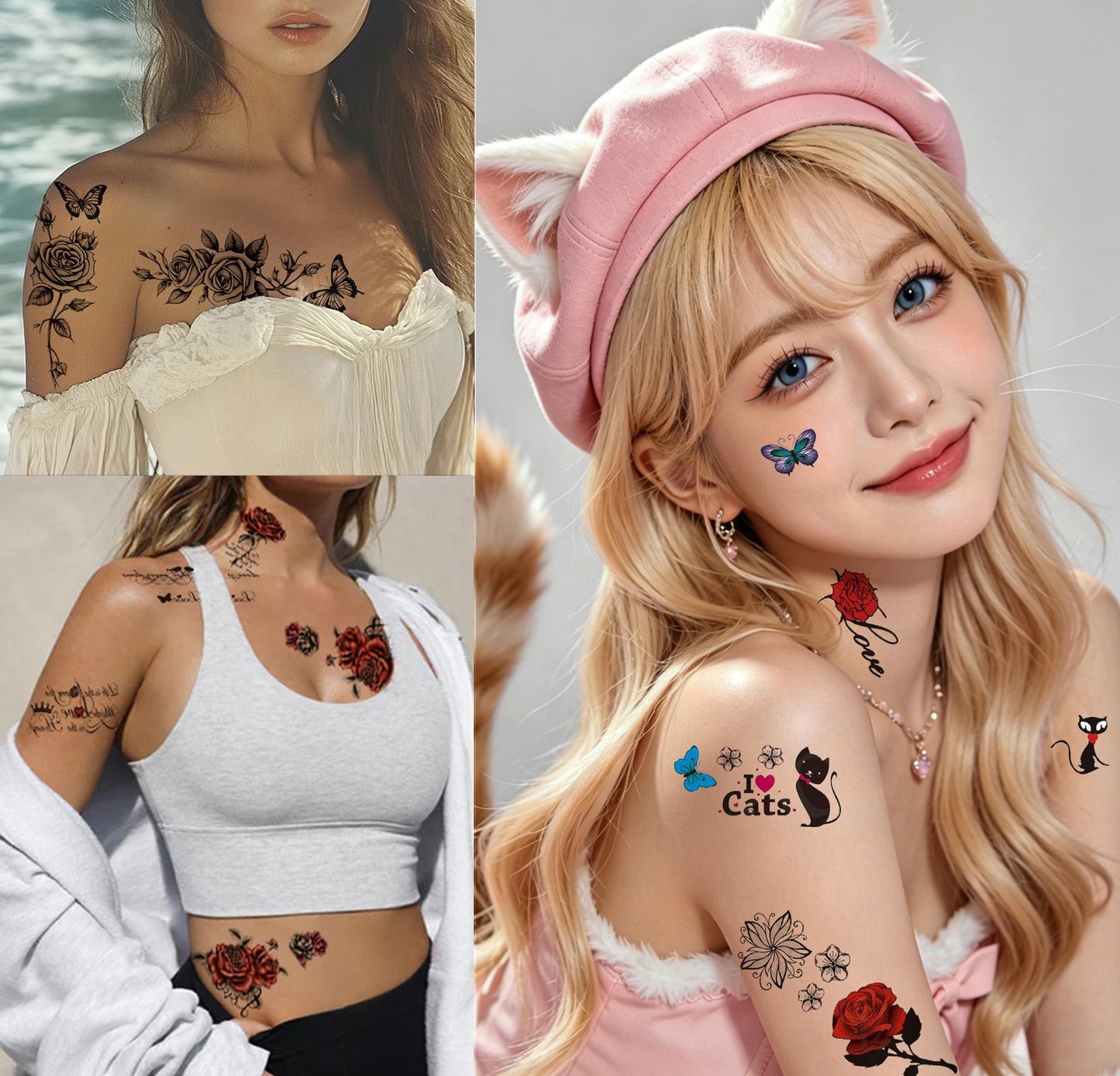 32pcs Red Temporary Rose Flower Arm & Leg Tattoo Stickers, Sexy Stripper Chest & Thigh Design, Waterproof, Perfect For Women (rose-red)