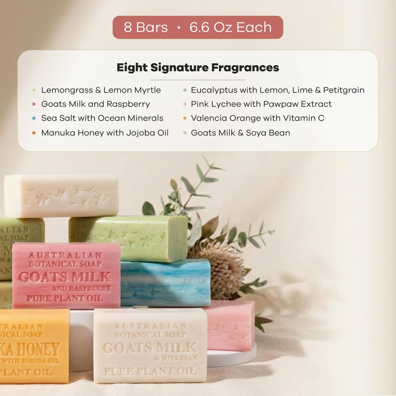 Australian Botanical Soap Variety Pack, 6.6 oz Bars – Goat Milk, Eucalyptus, Manuka Honey, Sea Salt, Pink Lychee, Lemongrass, Raspberry, Valencia Orange – Enriched with Organic Shea Butter, Pack of 8