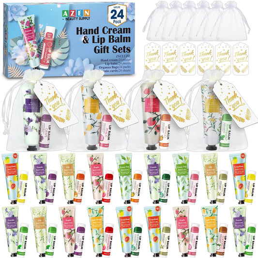 AZEN 24 Sets Bulk Gifts, Hand Cream and Lip Balm Bulk Set with Organza Bag Thank You Card, Baby Shower Wedding Gift for Guests, Bridal Wedding Favors for Guests, Mothers Day Gifts Stocking Stuffers