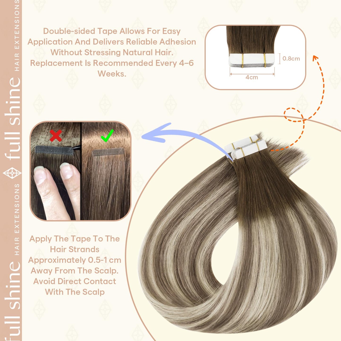 Full Shine Tape in Hair Extensions Human Hair 18 Inch 50 Grams 20 PCS Invisible Seamless Skin Weft Tape in Extensions Color 3 Walnut Brown to 8 Hazelnut Brown 22 Ash Blonde for Party