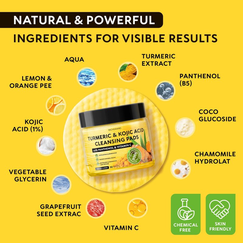 Turmeric Kojic Acid Cleansing Pads for Face - Exfoliating Sponges with Vitamin C & Lemon - Foaming Facial Wash for Glowing Skin & Uneven Tone Support - Gentle Daily Scrub