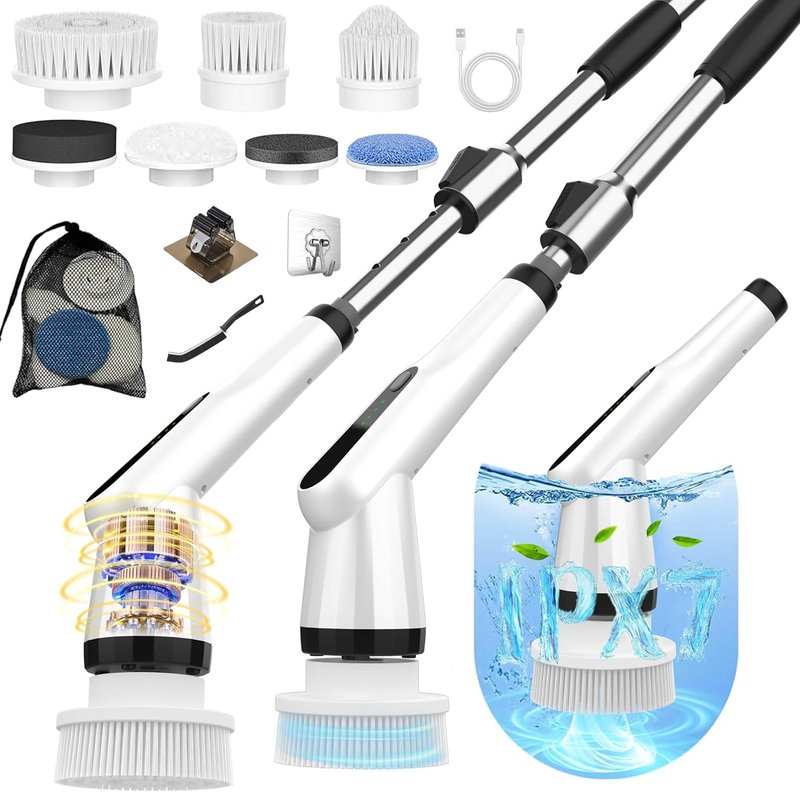 Electric Scrubber Brush - IPX7 Waterproof Cleaning Tool with 7 Replaceable Heads & Adjustable Handle | 2-Speed Spin Function